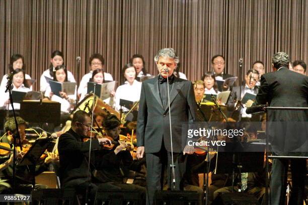 Italian pop tenor and crossover artist Andrea Bocelli sings during his concert at Hong Kong Convention and Exhibition Center on May 4, 2010 in Hong...