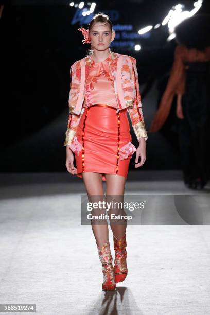 Model walks the runway at the IED Barcelona show during the Barcelona 080 Fashion Week on June 29, 2018 in Barcelona, Spain.