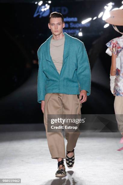 Model walks the runway at the IED Barcelona show during the Barcelona 080 Fashion Week on June 29, 2018 in Barcelona, Spain.