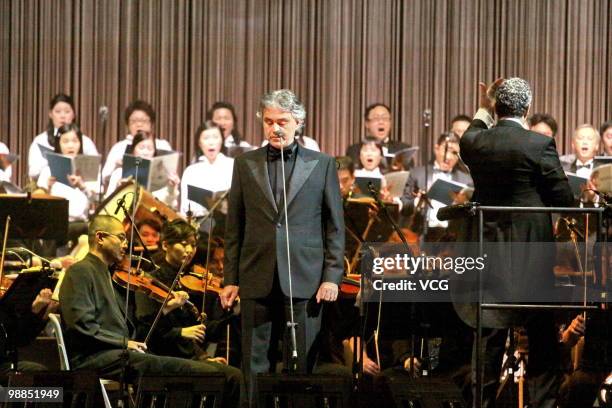 Italian pop tenor and crossover artist Andrea Bocelli sings during his concert at Hong Kong Convention and Exhibition Center on May 4, 2010 in Hong...