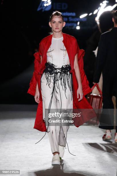 Model walks the runway at the IED Barcelona show during the Barcelona 080 Fashion Week on June 29, 2018 in Barcelona, Spain.