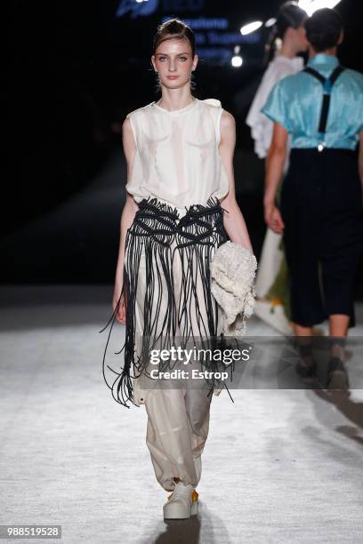 Model walks the runway at the IED Barcelona show during the Barcelona 080 Fashion Week on June 29, 2018 in Barcelona, Spain.