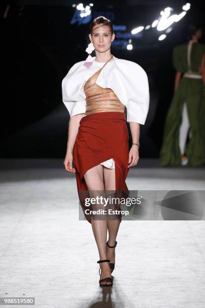 Model walks the runway at the IED Barcelona show during the Barcelona 080 Fashion Week on June 29, 2018 in Barcelona, Spain.