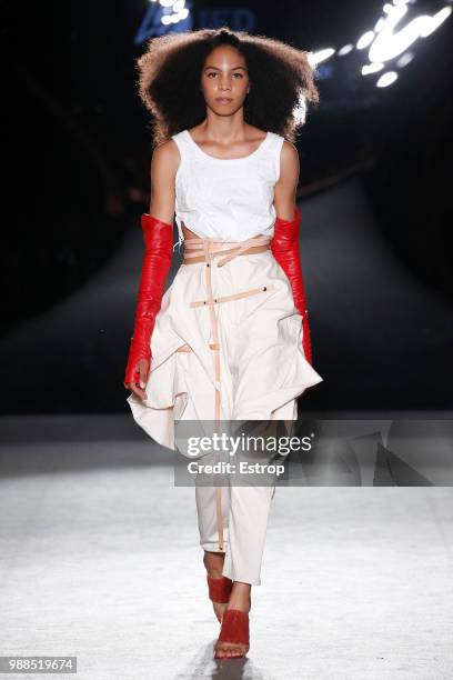 Model walks the runway at the IED Barcelona show during the Barcelona 080 Fashion Week on June 29, 2018 in Barcelona, Spain.