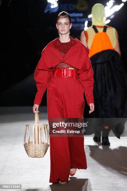 Model walks the runway at the IED Barcelona show during the Barcelona 080 Fashion Week on June 29, 2018 in Barcelona, Spain.