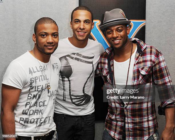 Jonathan JB Gill, Marvin Humes and Oritse Williams of JLS visit Y-100 Radio Station on May 4, 2010 in Miami, Florida.