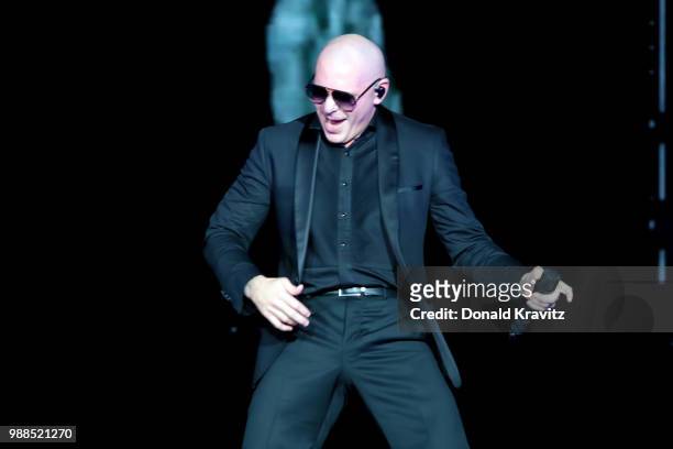 Pitbull performs in concert in the Etess Arena for the grand opening at Hard Rock Hotel & Casino Atlantic City on June 30, 2018 in Atlantic City, New...