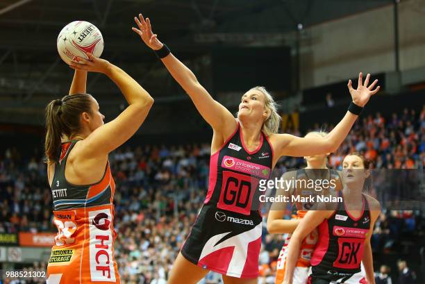 Leana De Bruin of the Thunderbirds defends during the round nine Super Netball match between the Giants and the Thunderbirds at AIS on July 1, 2018...