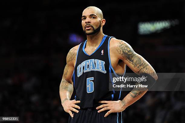 Carlos Boozer of the Utah Jazz looks on in the first half while taking on the Los Angeles Lakers during Game Two of the Western Conference Semifinals...