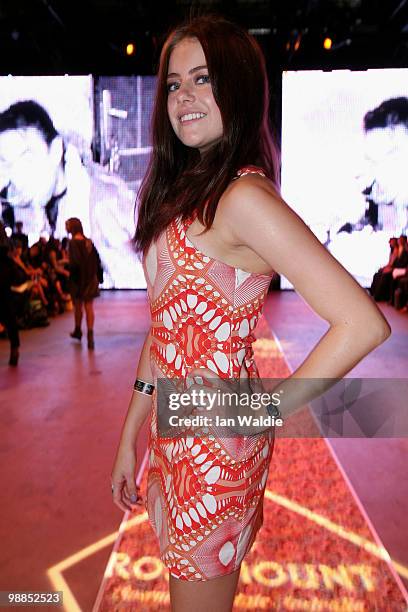 April-Rose Pengilly arrives at the Alice McCall catwalk show on the third day of Rosemount Australian Fashion Week Spring/Summer 2010/11 at the...