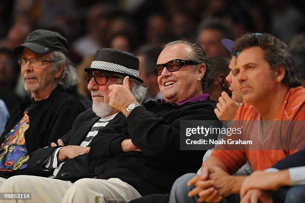 Actor Jack Nicholson gestures during a game between the Utah Jazz and the Los Angeles Lakers in Game Two of the Western Conference Semifinals during...