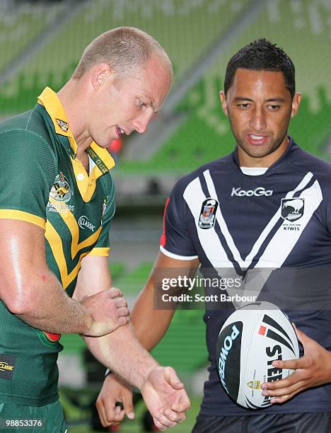 Captain of the Kangaroos Darren Lockyer and captain of the Kiwis Benji Marshall talk during the 2010 Four Nations Launch at AAMI Park on May 5, 2010...