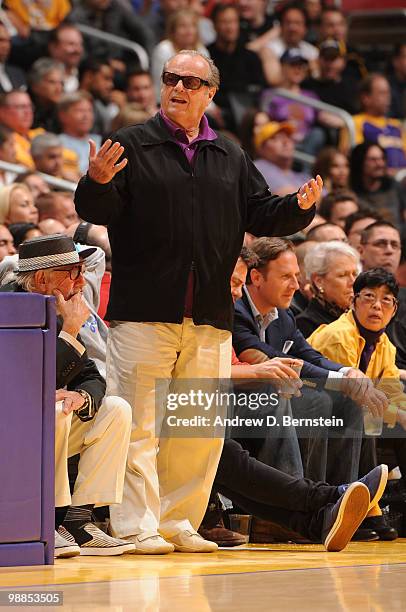 Actor Jack Nicholson reacts during a game between the Utah Jazz and the Los Angeles Lakers in Game Two of the Western Conference Semifinals during...