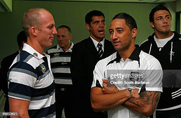 Kangaroos captain Darren Lockyer, Kangaroos coach Tim Sheens, Kiwis coach Stephen Kearney, Kiwis captain Benji Marshall and Sam Burgess of England...