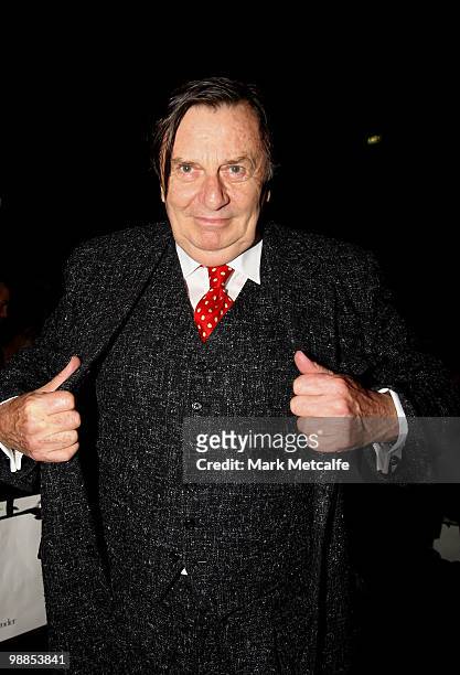 Actor Barry Humphries, better known as Dame Edna Everage, arrives for the Bianca Spender collection show on the third day of Rosemount Australian...