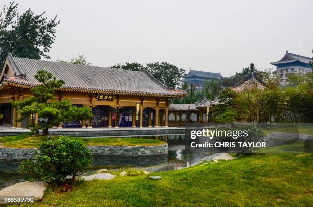 smoggy park - chinesischer garten im klassischen stil stock-fotos und bilder