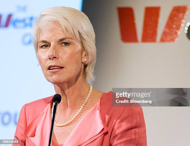 Gail Kelly, chief executive officer of Westpac Banking Corp., speaks during a news conference announcing the company's results, in Sydney, Australia,...