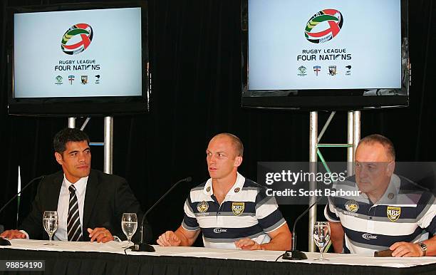 Kiwis coach Stephen Kearney watches as Kangaroos captain Darren Lockyer and Kangaroos coach Tim Sheens speak to the media during the 2010 Four...