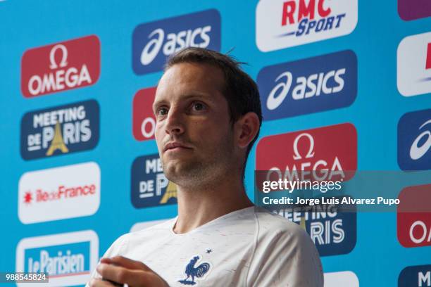 Renaud Lavillenie pole vaulter of France gestures during the press conference of Meeting de Paris of the IAAF Diamond League 2017 at the Paris...