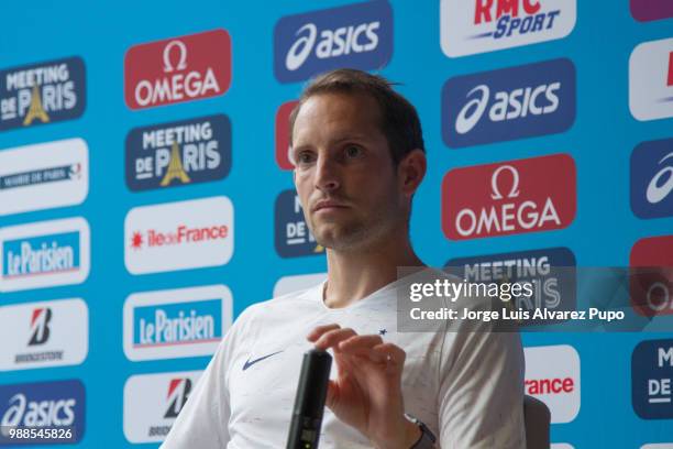 Renaud Lavillenie pole vaulter of France gestures during the press conference of Meeting de Paris of the IAAF Diamond League 2017 at the Paris...