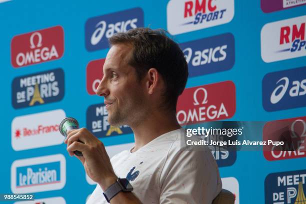 Renaud Lavillenie pole vaulter of France gestures during the press conference of Meeting de Paris of the IAAF Diamond League 2017 at the Paris...