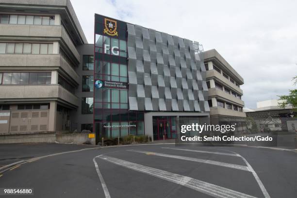 Facade of the Environmental Research Institute building at the University of Waikato in Hamilton, New Zealand on an overcast day, November, 2017.