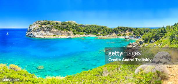 panoramic view of anthony quinn bay near faliraki village, rhodes, greece - anthony quinn bay stock pictures, royalty-free photos & images