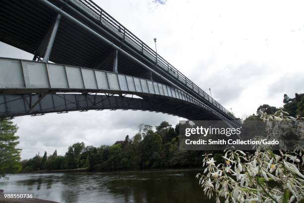 Low-angle view of Victoria Bridge in Hamilton, New Zealand on an overcast day, November, 2017.