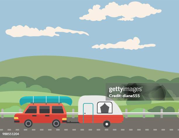 vacationer driving on a road through the mountains - country road stock illustrations