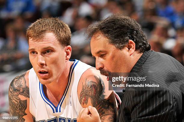 Head coach Stan Van Gundy instructs Jason Williams of the Orlando Magic during a break in play against the Atlanta Hawks in Game One of the Eastern...