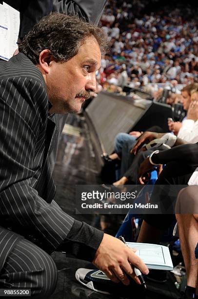 Head coach Stan Van Gundy of the Orlando Magic huddles with his players during a time out against the Atlanta Hawks in Game One of the Eastern...
