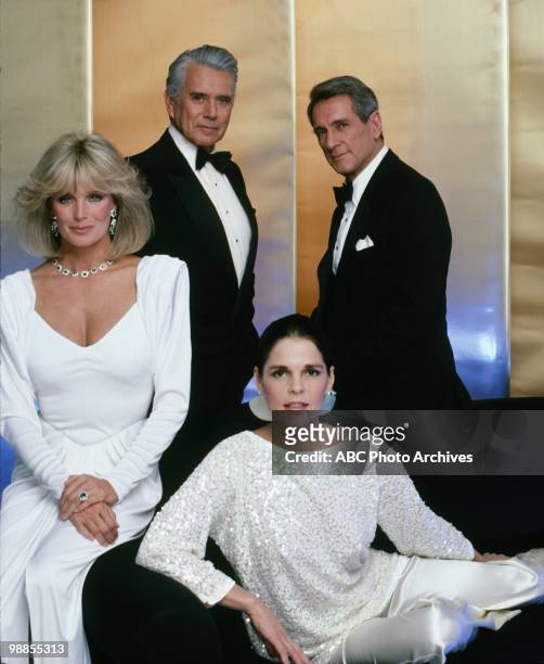 Portrait of actors, from left, Linda Evans, John Forsythe , Ali MacGraw, and Rock Hudson from the television show 'Dynasty,' Los Angeles, California,...