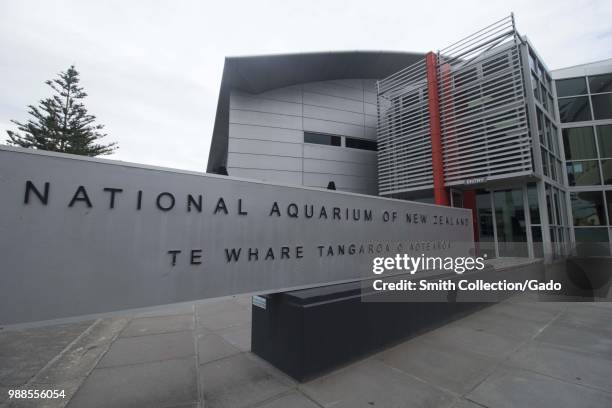 Facade of the New Zealand National Aquarium in Napier, New Zealand on an overcast day, November 29, 2017.