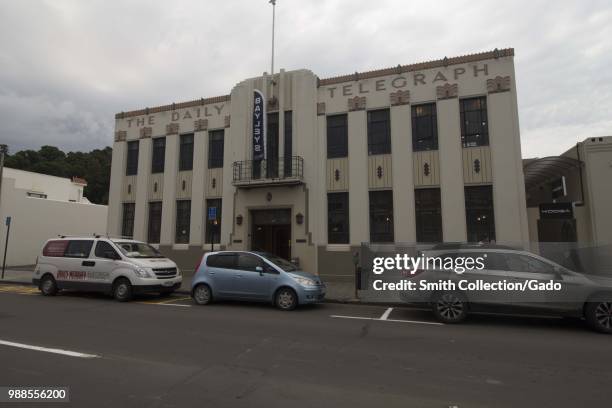 Facade of the Daily Telegraph Building, a classic Art Deco style building in Napier, New Zealand, November 29, 2017.