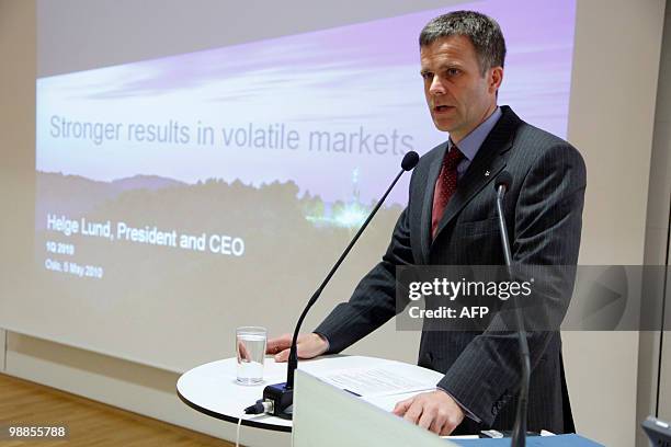 Helge Lund, President and CEO of Norwegian oil company Statoil presents the company`s first quarter 2010 result during a press conference in Oslo on...