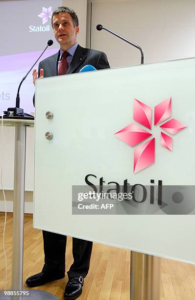 Helge Lund, President and CEO of Norwegian oil company Statoil presents the company`s first quarter 2010 result during a press conference in Oslo on...