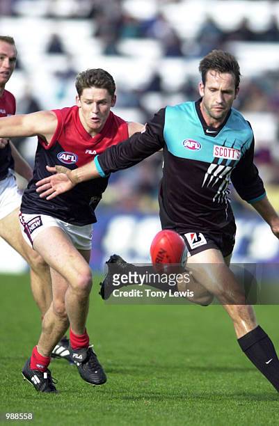 Darryl Wakelin for Port and Paul Whaetley for Melbourne in action in the match between Port Power and the Melbourne Demons in round 9 of the AFL...