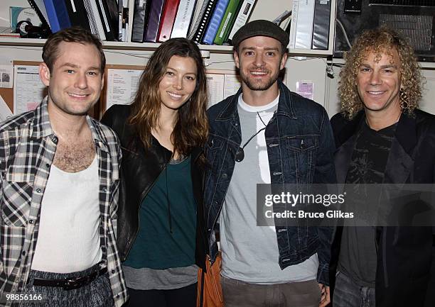 Actor Chad Kimball, Jessica Biel, boyfriend Justin Timberlake and "Memphis" composer David Bryan pose backstage at the hit broadway musical "Memphis"...