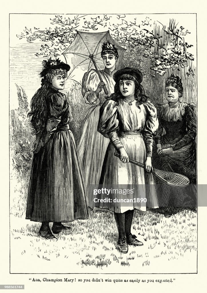 Victorian girl on her way to play tennis. 19th Century
