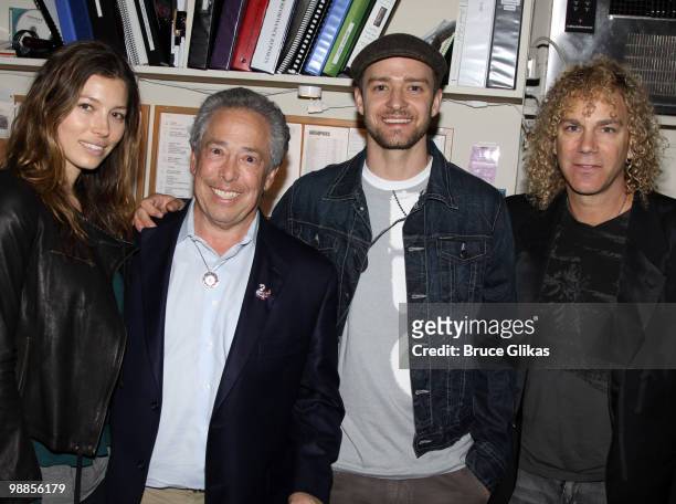 Jessica Biel, Producer Kenny Alhadeff, Justin Timberlake and "Memphis" composer David Bryan pose backstage at the hit broadway musical "Memphis" on...