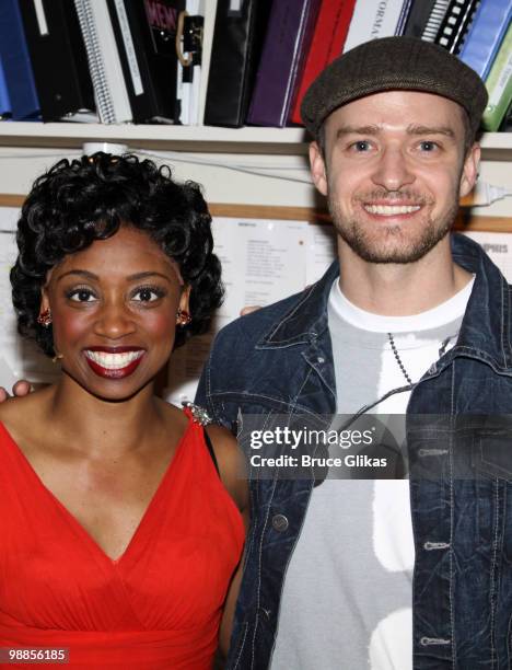 Actress Montego Glover and Justin Timberlake pose backstage at the hit broadway musical "Memphis" on Broadway at The Shubert Theater on May 4, 2010...