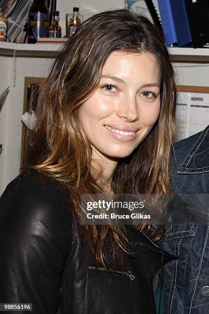 Jessica Biel poses backstage at the hit broadway musical "Memphis" on Broadway at The Shubert Theater on May 4, 2010 in New York City.