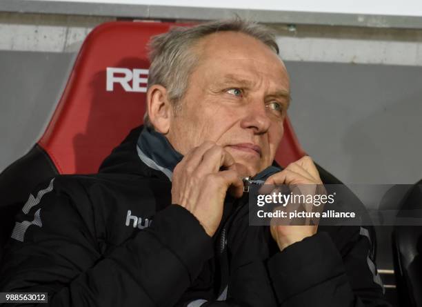 Freiburg's head coach Christian Streich before the German Bundesliga soccer match between SC Freiburg and Hamburger SV at the Schwarzwald Stadium in...