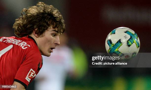 Freiburg's Caglar Soyuncu plays the ball during the German Bundesliga soccer match between SC Freiburg and Hamburger SV at the Schwarzwald Stadium in...