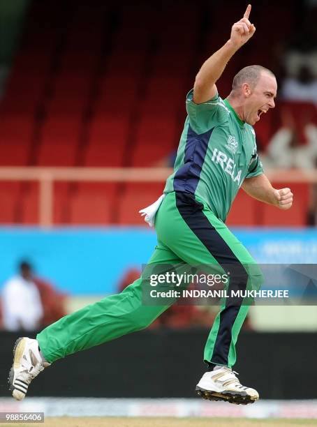 Ireland cricketer Trent Johnston celebrates the wicket of England cricketer Paul Collingwood during their match in the ICC World Twenty20 2010 at the...