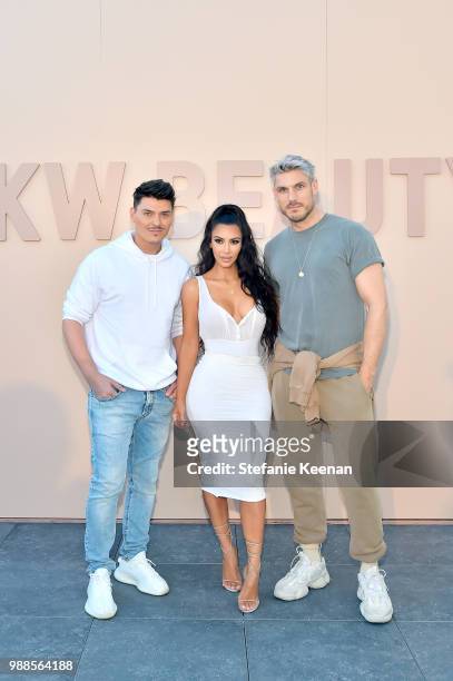 Mario Dedivanovic, Kim Kardashian West and Chris Appleton attend KKW Beauty Fan Event at KKW Beauty on June 30, 2018 in Los Angeles, California.