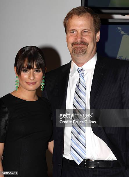 Actors Lea Michele and Jeff Daniels attend the announcement of the 2010 Tony Awards nominations at The New York Public Library for Performing Arts on...
