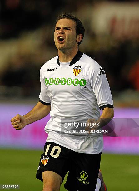 Valencia's midfielder Juan Mata celebrates his goal against Xeres during their Spanish league football match at Mestalla stadium on May 4, 2010 in...