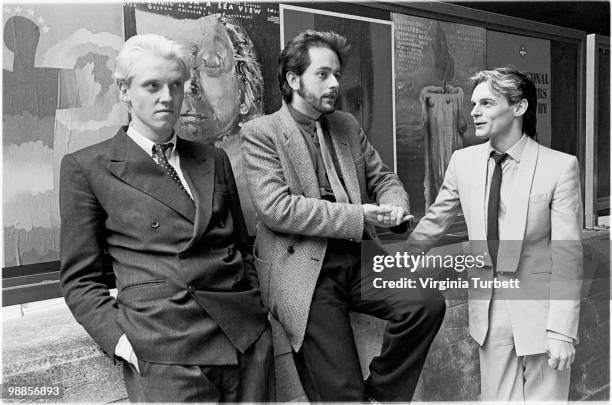 Glenn Gregory, Martyn Ware and Ian Craig Marsh of Heaven 17 pose for a group portrait session by the Thames at Embankment on March 31st 1981 in...