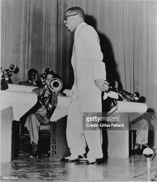 Dizzy Gillespie performs on stage at Carnegie Hall in New York in 1950 in the United States.